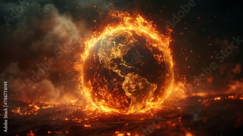 A digital painting of a planet on fire. The planet is engulfed in flames.