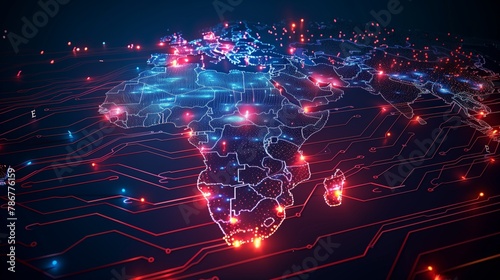 A glowing blue and red circuit board in the shape of the continent of Africa.