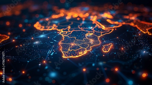 A glowing orange outline of the continent of Africa on a dark blue background with bright blue and orange lights scattered throughout.