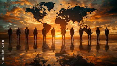 A group of business people standing in front of a world map at sunset. #786776185