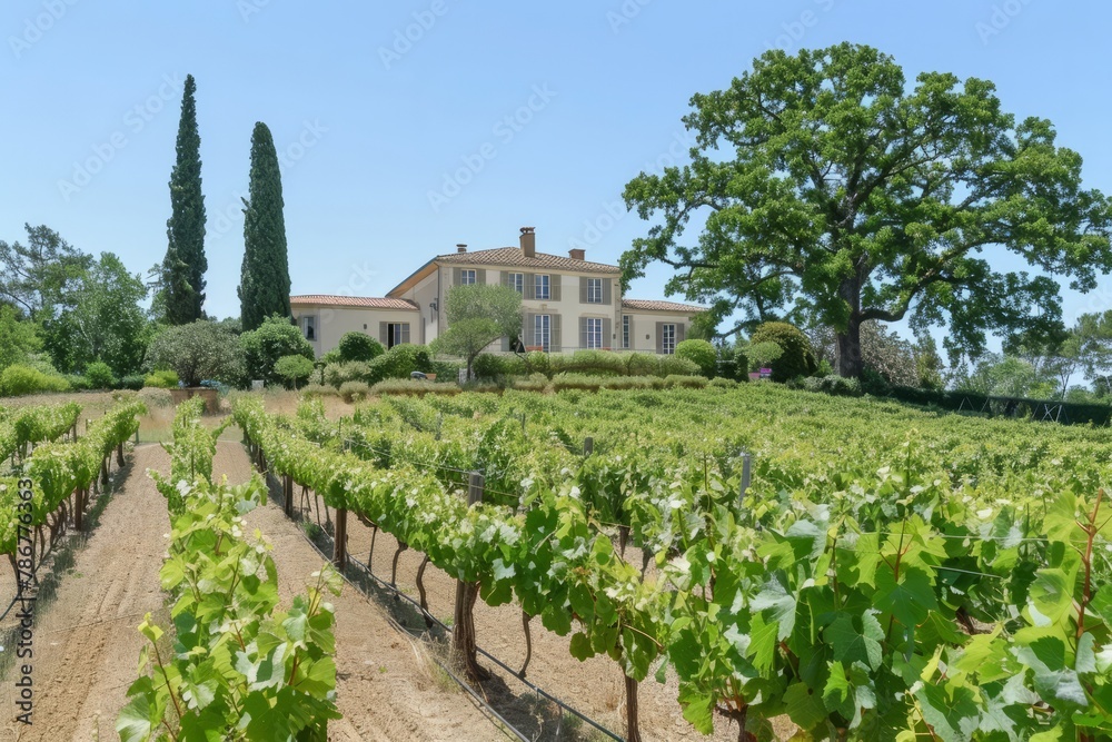A romantic vineyard estate with rolling vineyards, elegant chateaus, and picturesque countryside views, ideal for wine tasting and relaxation, Generative AI