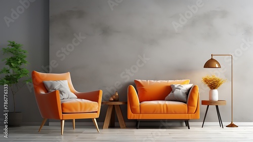 Interior of modern living room with wooden coffee table and orange armchair empty wall 