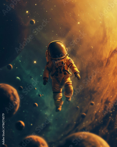 Astronaut Floating in Colorful Space