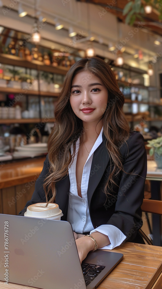 A businesswoman, beautiful, cute Thai woman wearing a business suit, sitting and sending emails with a laptop. A businesswoman, beautiful, cute Thai woman wearing a business suit, sitting and sending emails with a laptop.