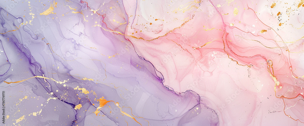 Fototapeta premium Delicate pastel pink and purple tones dance gracefully across a canvas, accented by intricate gold marble lines in a stunning watercolor illustration. With the precision of AI generative technology