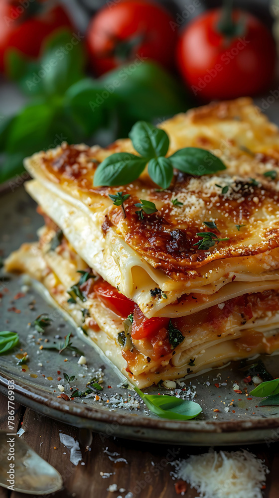 Beautiful presentation of Vegetable Lasagna, hyperrealistic food photography