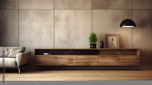 Interior of modern living room with sideboard over wooden paneling wall. Contemporary room with dresser 