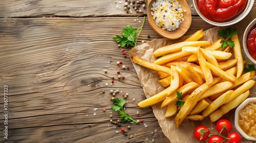 Golden French fries served with condiments on wooden table