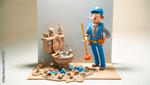 a humorous clay model scene with a character depicted as a plumber