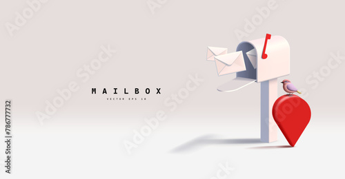 An open mailbox with letters, a navigation icon, and a bird, 3D. For postal service concepts, business, news, correspondence, and important government documents. Vector illustration