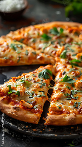 Beautiful presentation of Buffalo Chicken Pizza, hyperrealistic food photography