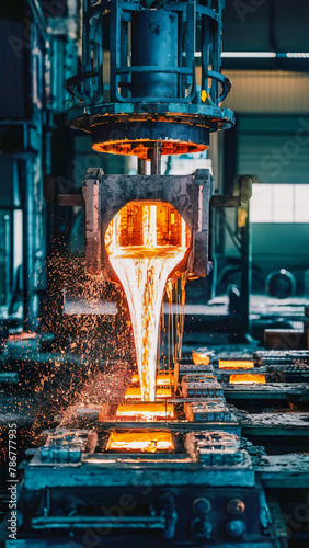 Portrait view of a copper foundry casting molten metal photo