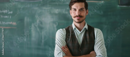 A guy is standing before a blackboard in a close-up shot, possibly teaching or giving a presentation