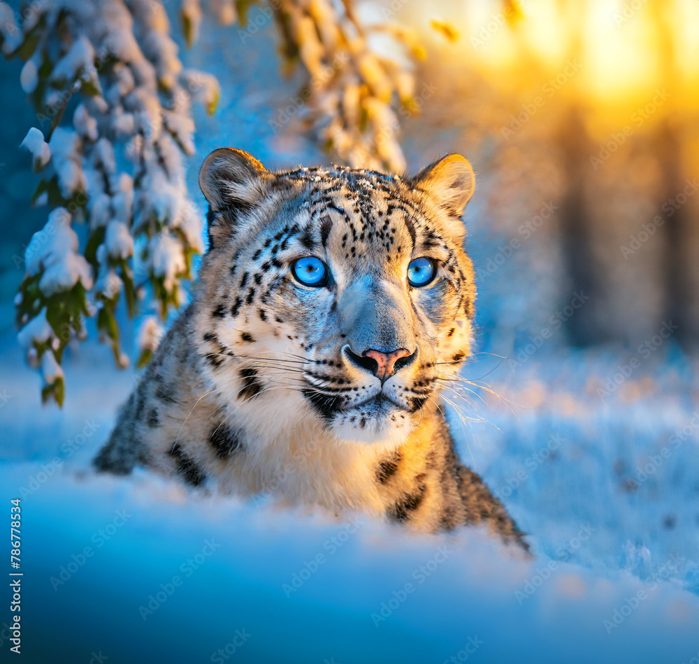 Obraz premium Snow Leopard in the Jungle During Winter with Snow | Beautiful Majestic Big Cat White Leopard in Forest | Wild Serene Calm Peaceful Leopard Feline with Blue Eyes | Wild Leopards Predator Hunting