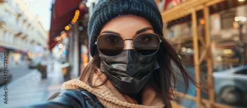 A woman dressed in a protective face mask and dark sunglasses poses for a photo while holding a smartphone to take a selfie