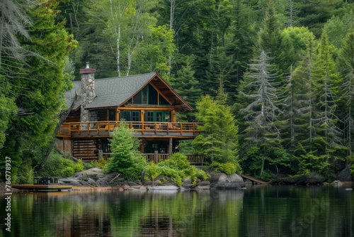 A cozy lakeside lodge nestled in the forest, with rustic log cabins, crackling fireplaces, and panoramic views of the tranquil waters, Generative AI