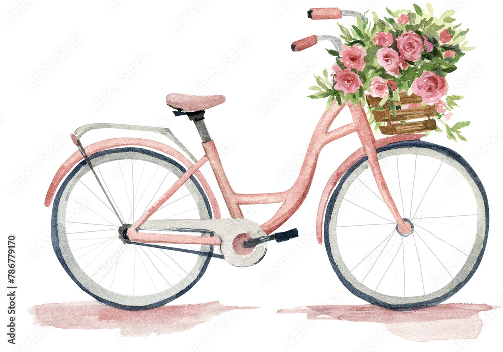 Watercolor wedding composition with pink flowers, peonies. and eucalyptus. Pink bicycle, hand drawn with delicate flowers.