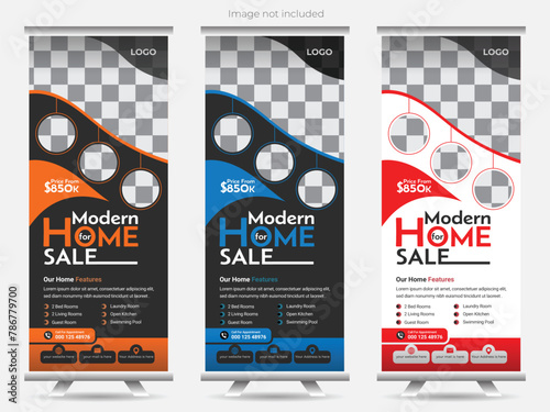 Modern and clean Real state , home for sale roll up banner design with multiple color building sale rollup banner design. 