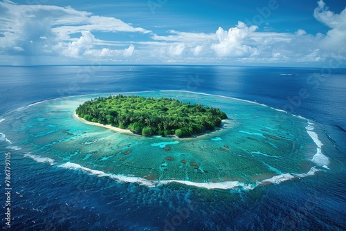A beautiful island covered with forest in the middle of the ocean. © kvladimirv