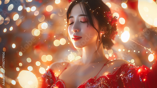 A woman in a red dress is surrounded by lights, creating a warm © tope007