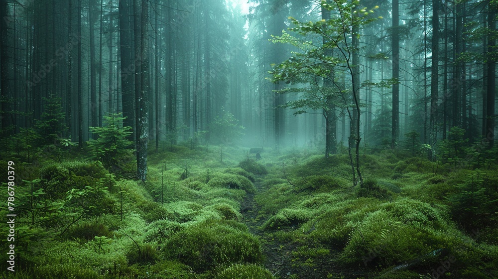 A dense forest shrouded in fog evokes an ethereal and mysterious atmosphere. Fantasy landscape. Generative AI A dense forest shrouded in fog evokes an ethereal and mysterious atmosphere. Fantasy landscape. Generative AI