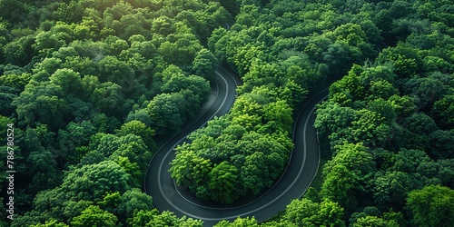 Fototapeta Naklejka Na Ścianę i Meble -  Birds-eye view of green forest below, separated by winding asphalt road. Luxurious aesthetic background. Generative AI