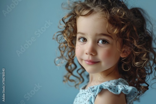 Portrait of a beautiful little girl with curly hair on a blue background