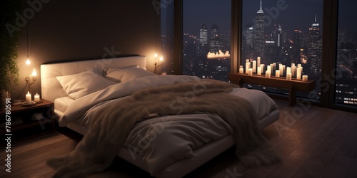 A cozy bedroom with a chic bed frame and luxurious bedding, enhanced by subtle ambient lighting.