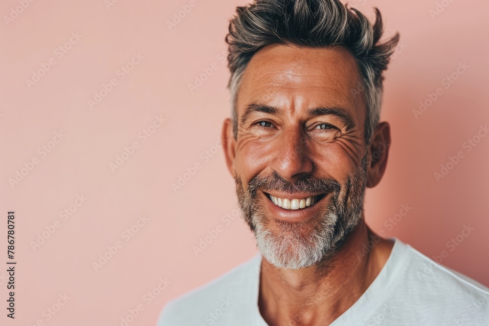 Portrait of smiling mature man with grey hair and beard looking at camera isolated over pink background Portrait of smiling mature man with grey hair and beard looking at camera isolated over pink background