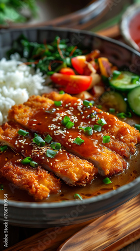 Beautiful presentation of Chicken katsu curry, hyperrealistic food photography