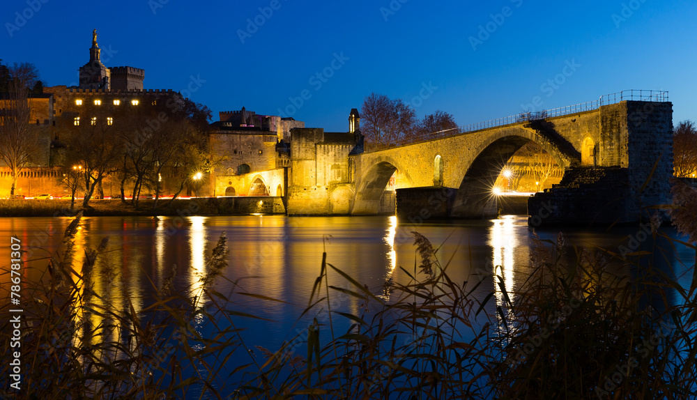 Night view of four surviving arches of Pont St-Benezet and Avignon Cathedral, France
