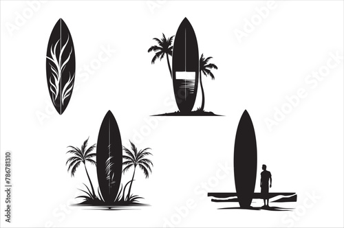 Silhouette of a surfing board on the beach with white color background.