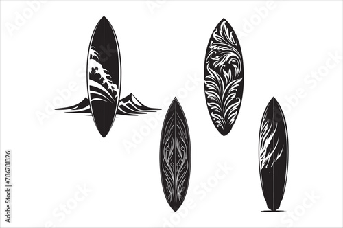 Silhouette of a surfing board on the beach with white color background.