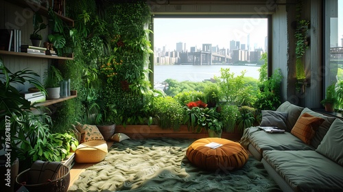 Urban Jungle Style Interior with Cityscape View photo