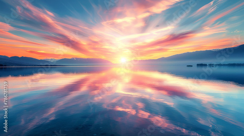 A beautiful sunset over a lake with a reflection of the sun in the water