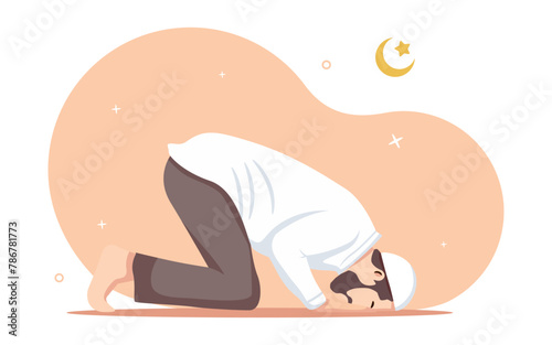 Muslim man praying on sujud bow down gesture. Prayer movement concept. The Night of Decree at Ramadhan (Laylat al-Qadr). Flat vector illustrations isolated (ID: 786781773)