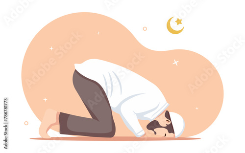 Muslim man praying on sujud bow down gesture. Prayer movement concept. The Night of Decree at Ramadhan (Laylat al-Qadr). Flat vector illustrations isolated