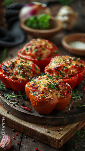 Beautiful presentation of Chicken parmesan stuffed peppers, hyperrealistic food photography