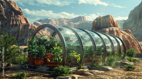 A greenhouse with plants inside is surrounded by mountains