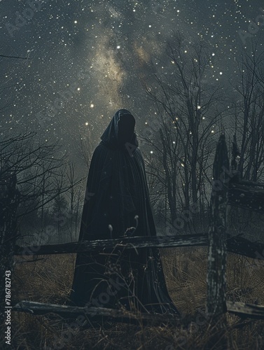 2 The Keeper, cloak of shadows, mysterious hooded figure guarding a gateway between worlds, under a starlit sky, photography, silhouette lighting, double exposure