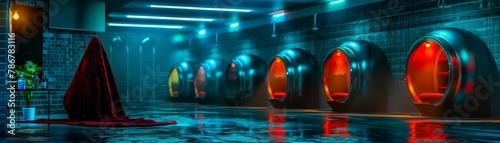 Futuristic pod bathroom, curved lines, and neon lights, spaceage photo