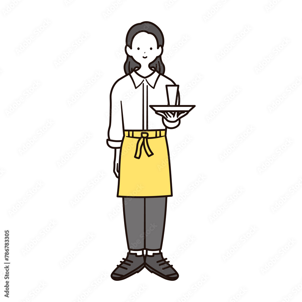 カフェで働く日本人女性スタッフの全身イラスト素材