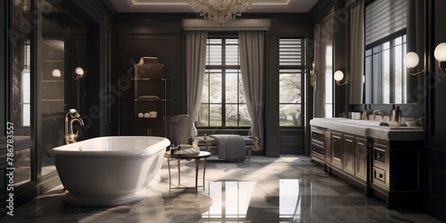 A luxurious bathroom with a freestanding bathtub and elegant vanity area  exuding sophistication.