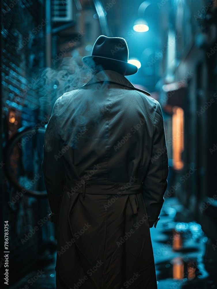 A mysterious figure in a trench coat and fedora stands in a dimly lit alleyway, glancing back over their shoulder