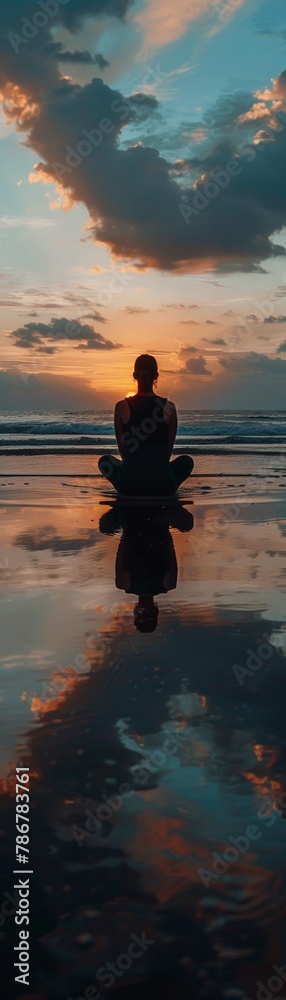 A person sits by a calming seaside, practicing mindfulness as the gentle waves reflect the skys hues, emphasizing the tranquility of mental health activities Photography, Silhouette lighting,