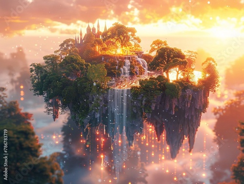 A magical realm filled with floating islands, mythical creatures, and a sparkling waterfall cascading into a crystal-clear lake 3D render, bathed in the warm glow of a magical sunset © jinna