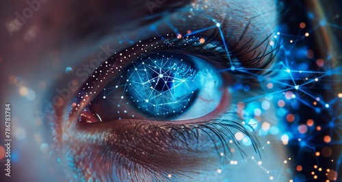 A closeup of an eye with digital connections and data points, symbolizing the integration between human vision in face ID technology for facial feature capture
