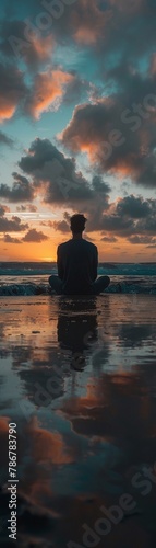 A person sits by a calming seaside, practicing mindfulness as the gentle waves reflect the skys hues, emphasizing the tranquility of mental health activities