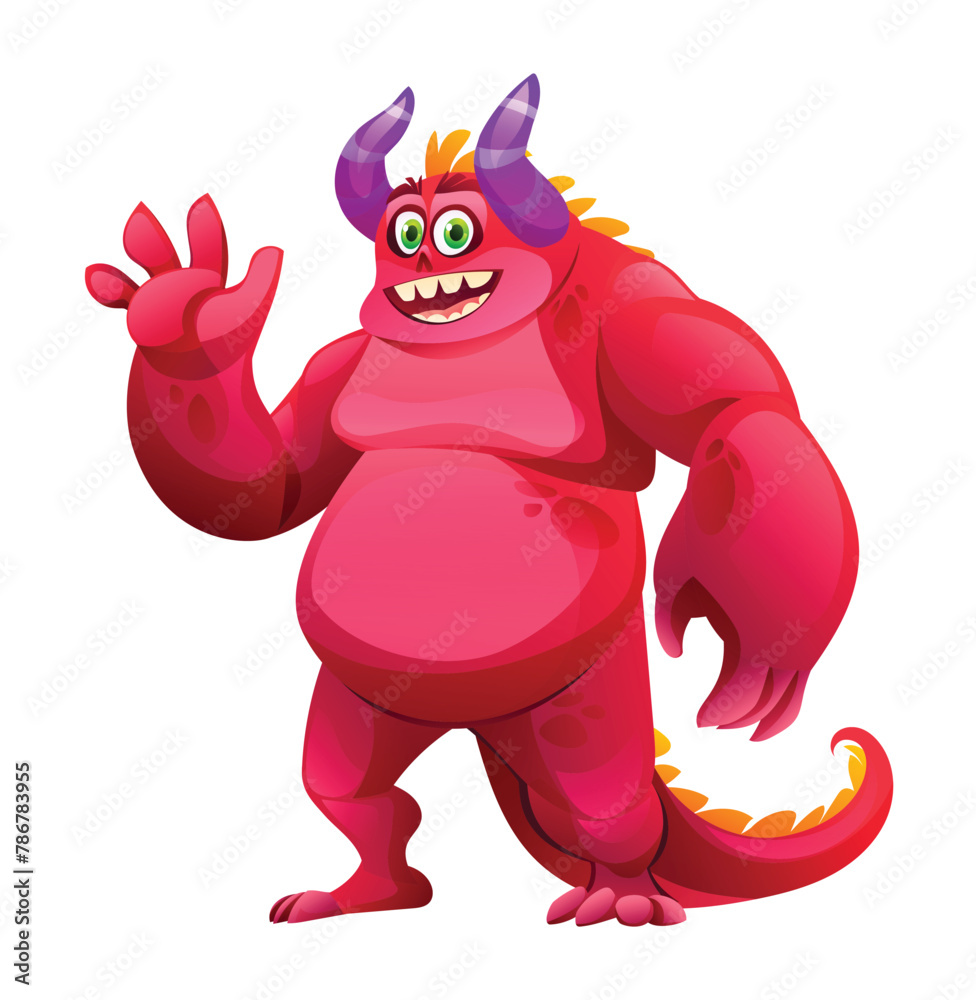 Fototapeta premium Cheerful red monster waving hand. Vector character cartoon illustration