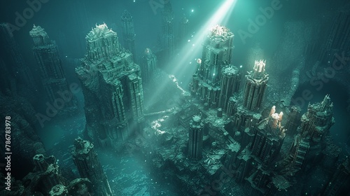 A team of researchers stumbles upon a hidden civilization thriving in the abyssal darkness 3D render, with a spotlight illuminating towering structures made of shimmering materials
